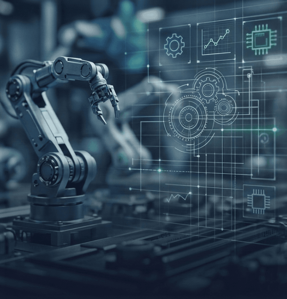 Industriell robotarm og digitale grensesnitt som representerer OptIT sin ekspertise innen automatisering av CAD, CAM, ERP og PLM-systemer for industri virksomhet.