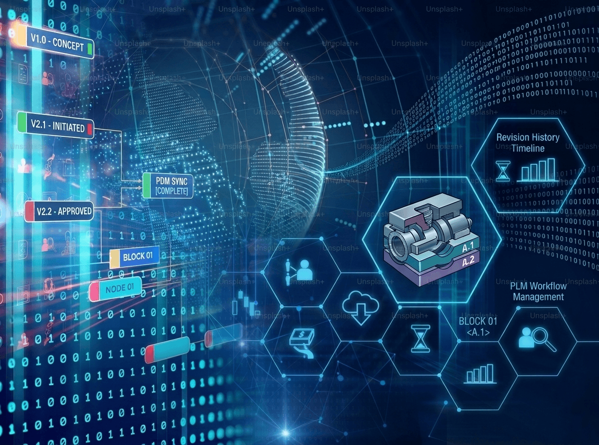 Digital visualisering av PLM-system og produktets livssyklus, inkludert revisjonshåndtering, BOM-struktur og arbeidsflyt for moderne produksjon.